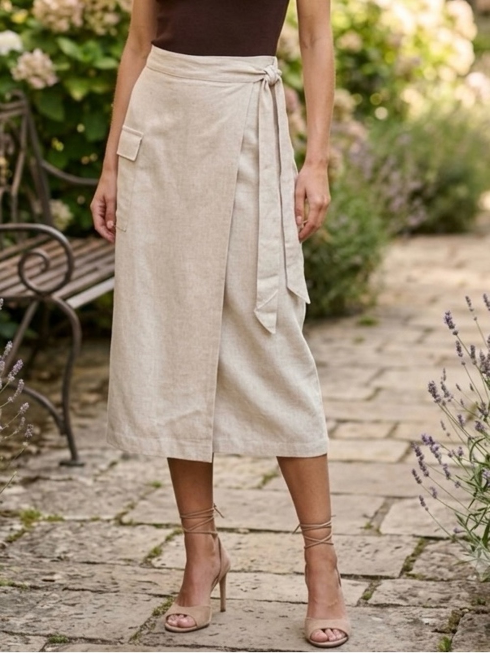 NWT Hem & Thread Beige Linen Blend Wrap Midi Skirt sz LG